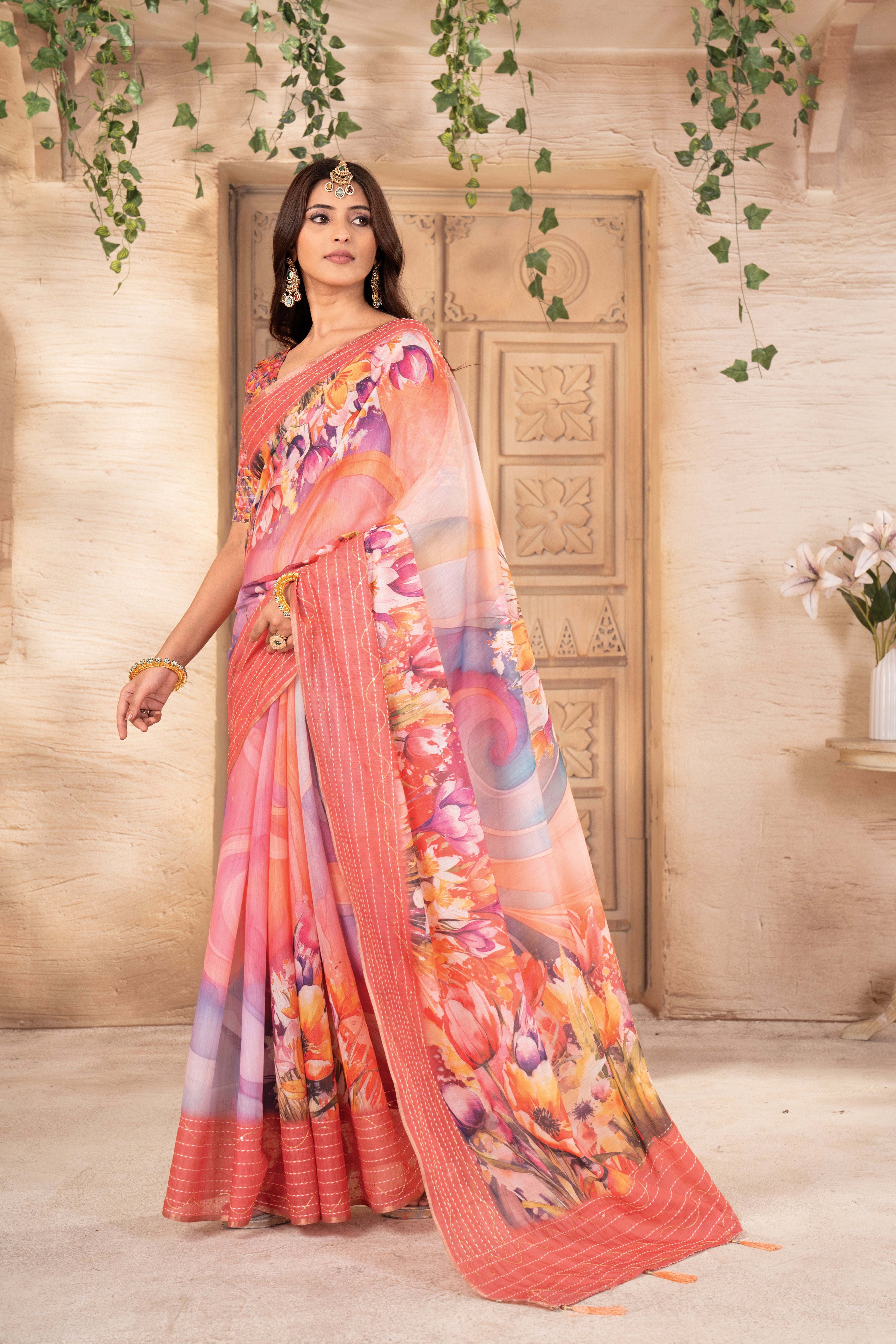 Gajari Flora Silk Chanderi Saree